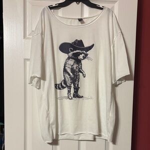 Shein White short sleeve  T-Shirt with Cowboy Raccoon Graphic size large